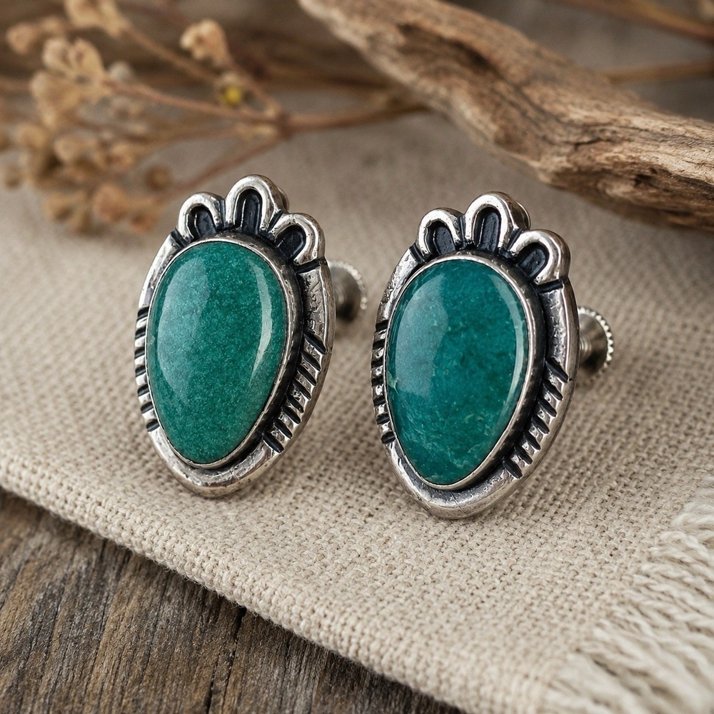Vintage Sterling Silver Green Turquoise Screw Back Earrings Southwestern Style